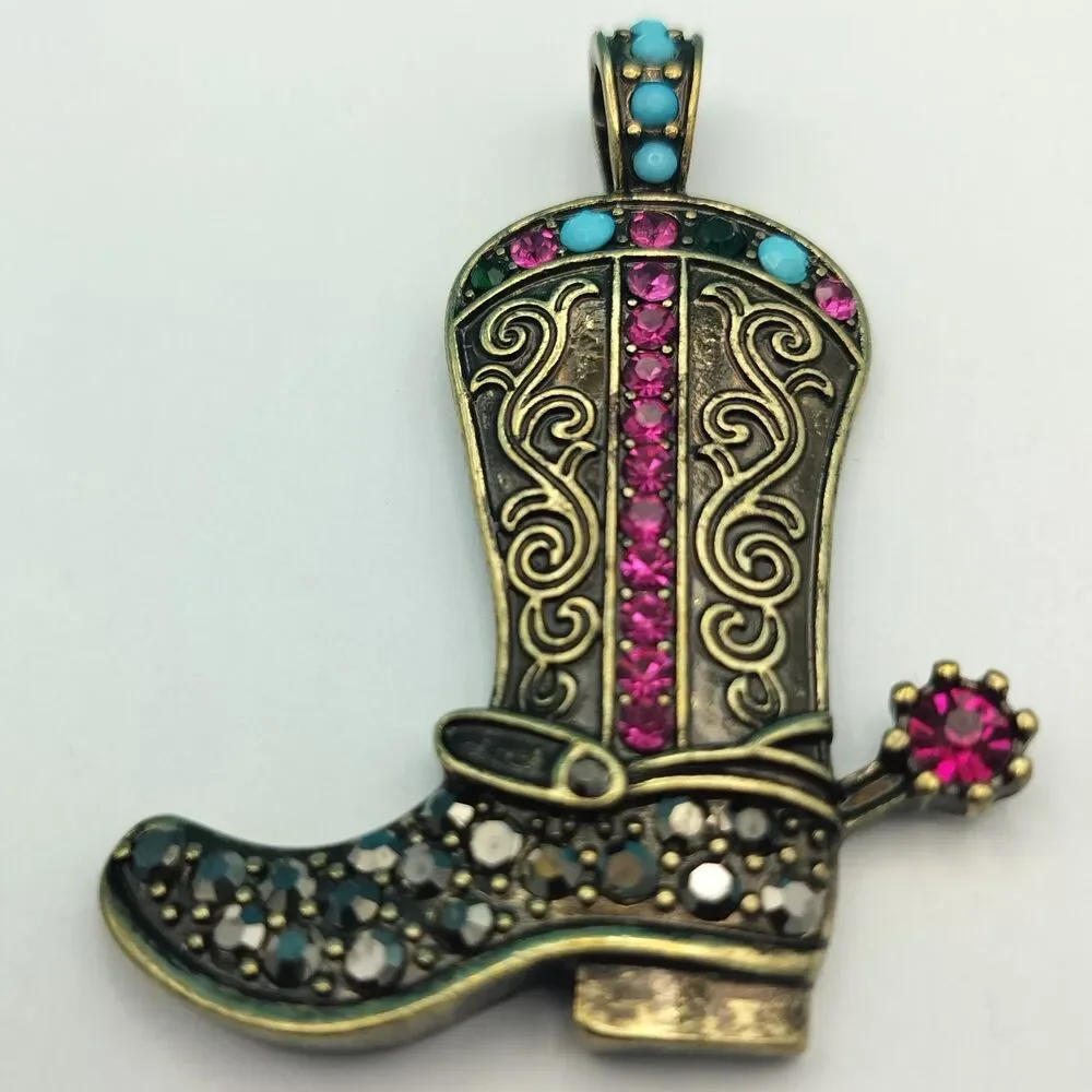 Western Cowboy Boot Pendant Rhinestone Antique Gold Tone Charm 2